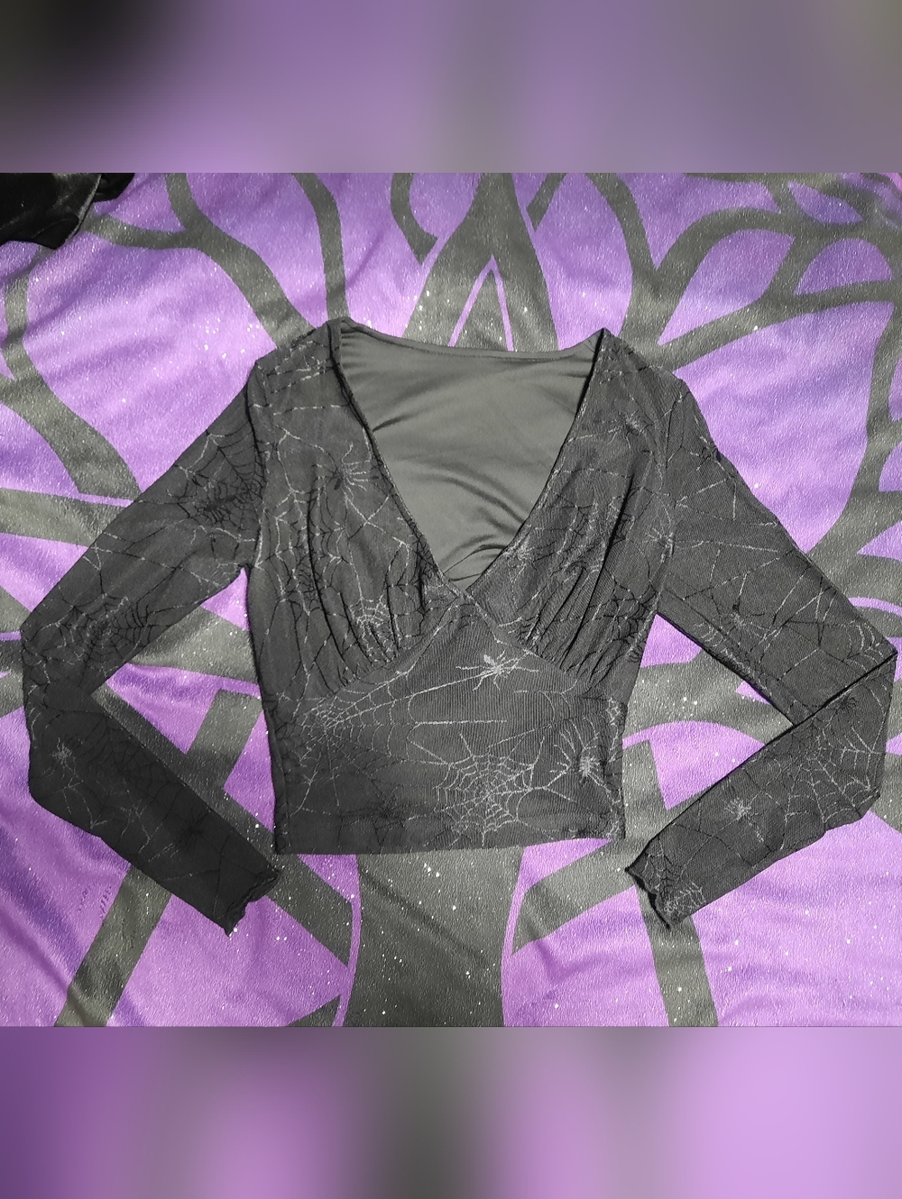 Women's Black Spiderweb Long-Sleeve Crop Top